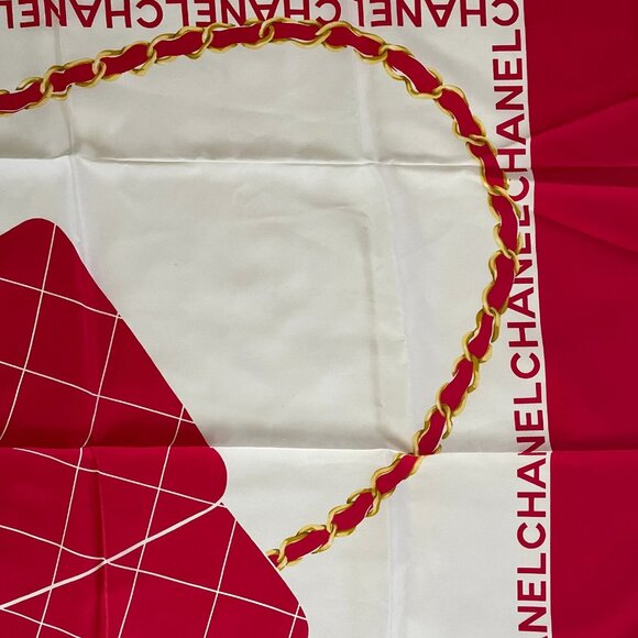 Chanel Vintage Scarf – Red Silk with Signature Flap Bag Print & Quilted Design - Picture 4 of 11